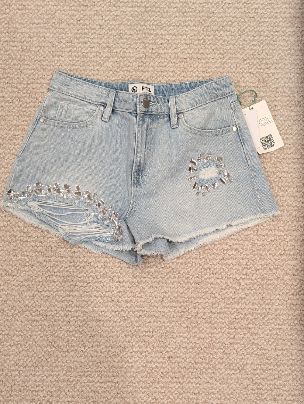 PTL Light Blue Crystal-Embellished High-Rise Denim Shorts